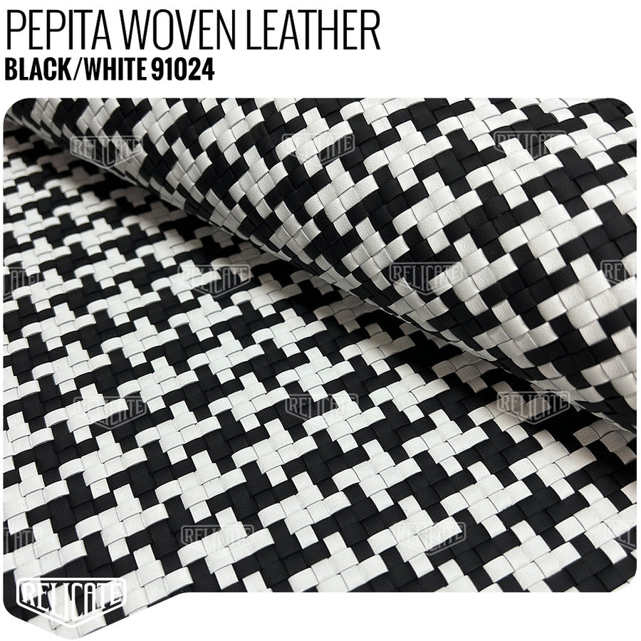 Hand Woven Leather - Nappa Leather - Pepita Black/White Product / 6 Linear Inches - Relicate Leather Automotive Interior Upholstery