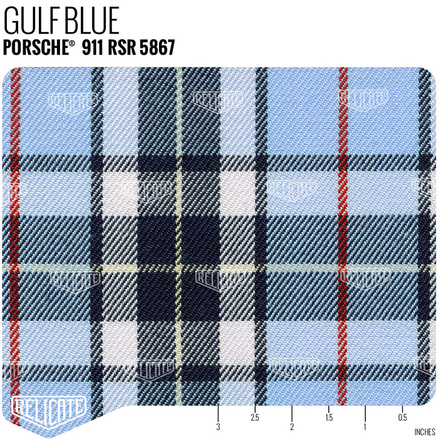 Porsche 911 RSR Tartan Plaid Seat Fabric - Gulf Blue Product / Gulf Blue - Relicate Leather Automotive Interior Upholstery