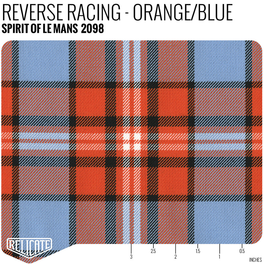 Spirit of Le Mans Plaid Fabric - Reverse Racing - Orange / Blue Product / Orange/Blue - Relicate Leather Automotive Interior Upholstery