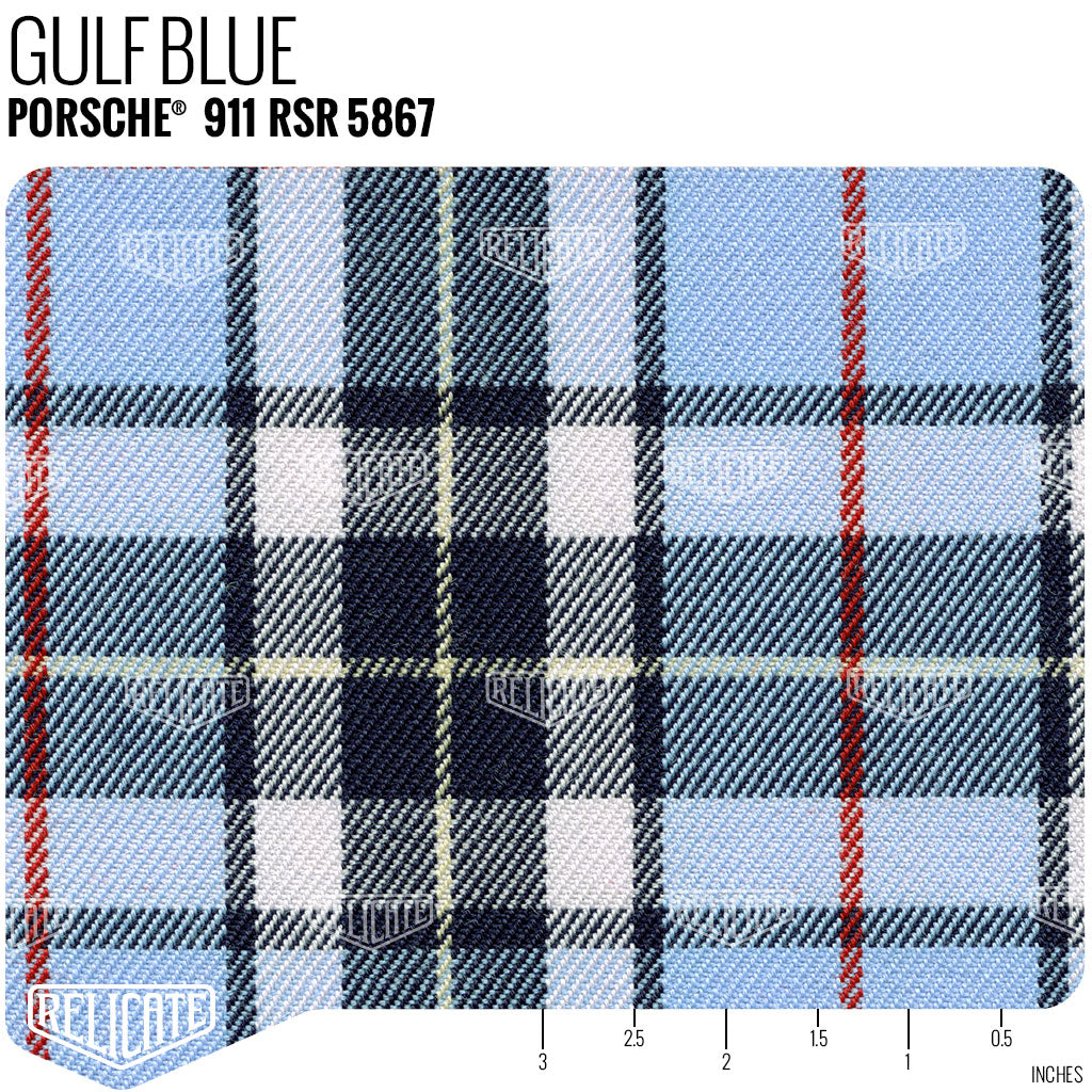 Porsche 911 RSR Tartan Plaid Seat Fabric - Gulf Blue Product / Gulf Blue - Relicate Leather Automotive Interior Upholstery