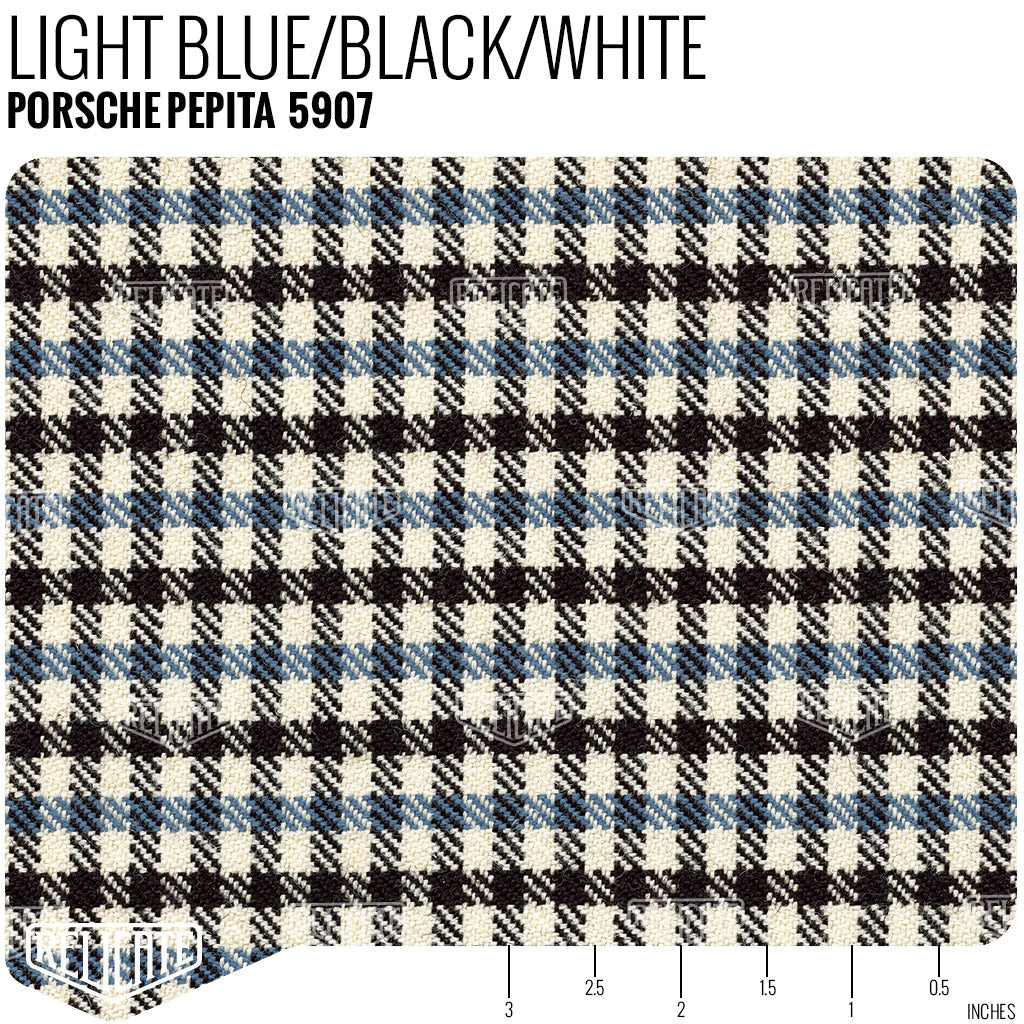 Porsche Pepita Houndstooth Seat Fabric - Light Blue/Black/White Product / Light Blue/Black/White - Relicate Leather Automotive Interior Upholstery