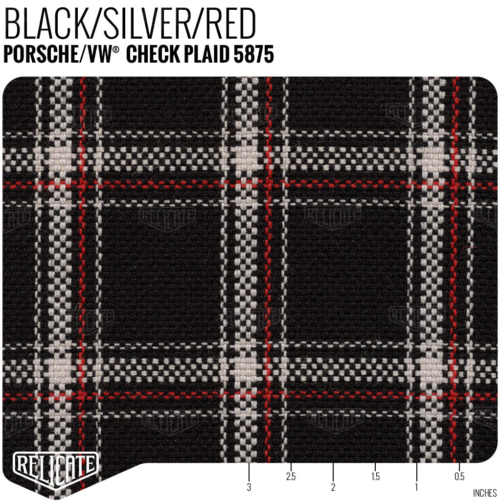 Porsche and VW Check Tartan Plaid Seat Fabric - Black / Silver / Red Product / Black/Silver/Red - Relicate Leather Automotive Interior Upholstery