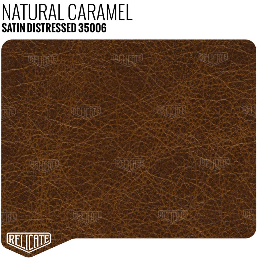 Relicate Satin Distressed Natural Caramel leather for car, truck, bronco and Porsche interiors.