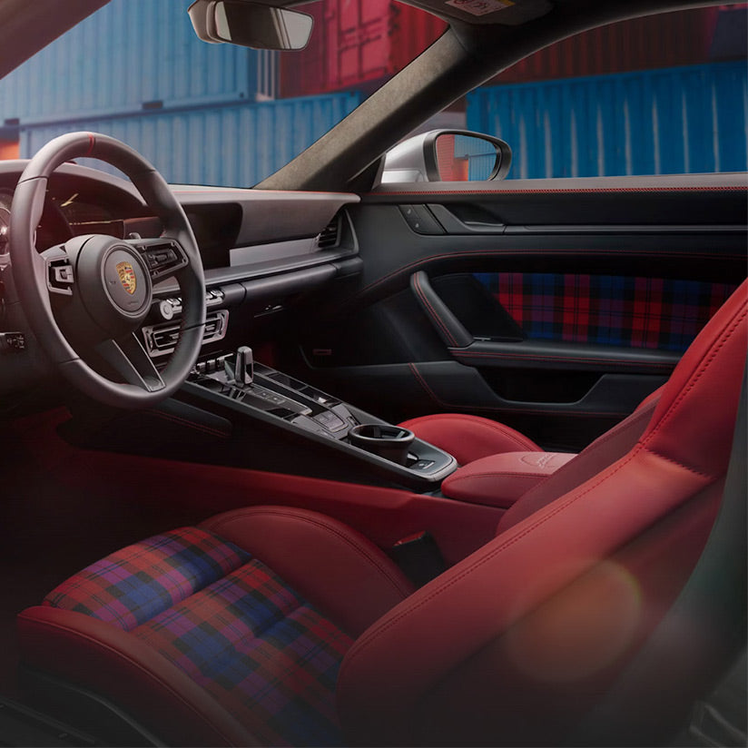 Modern Schottenkaro Plaid Seat Fabric for Porsche - Red / Blue / Black - Relicate Leather Automotive Interior Upholstery