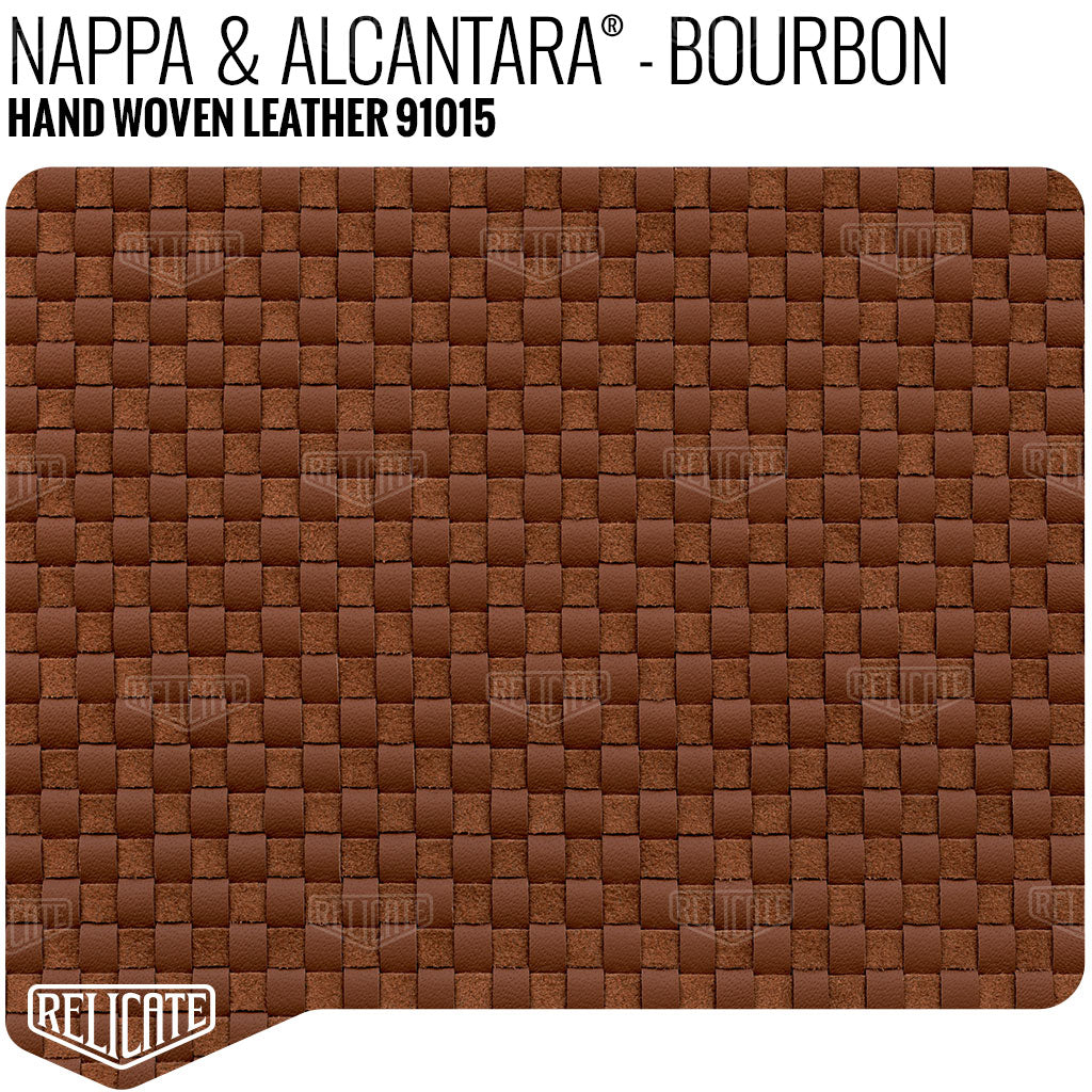 Hand Woven Leather - Nappa &amp; Alcantara - Bourbon Product / 6 Linear Inches - Relicate Leather Automotive Interior Upholstery