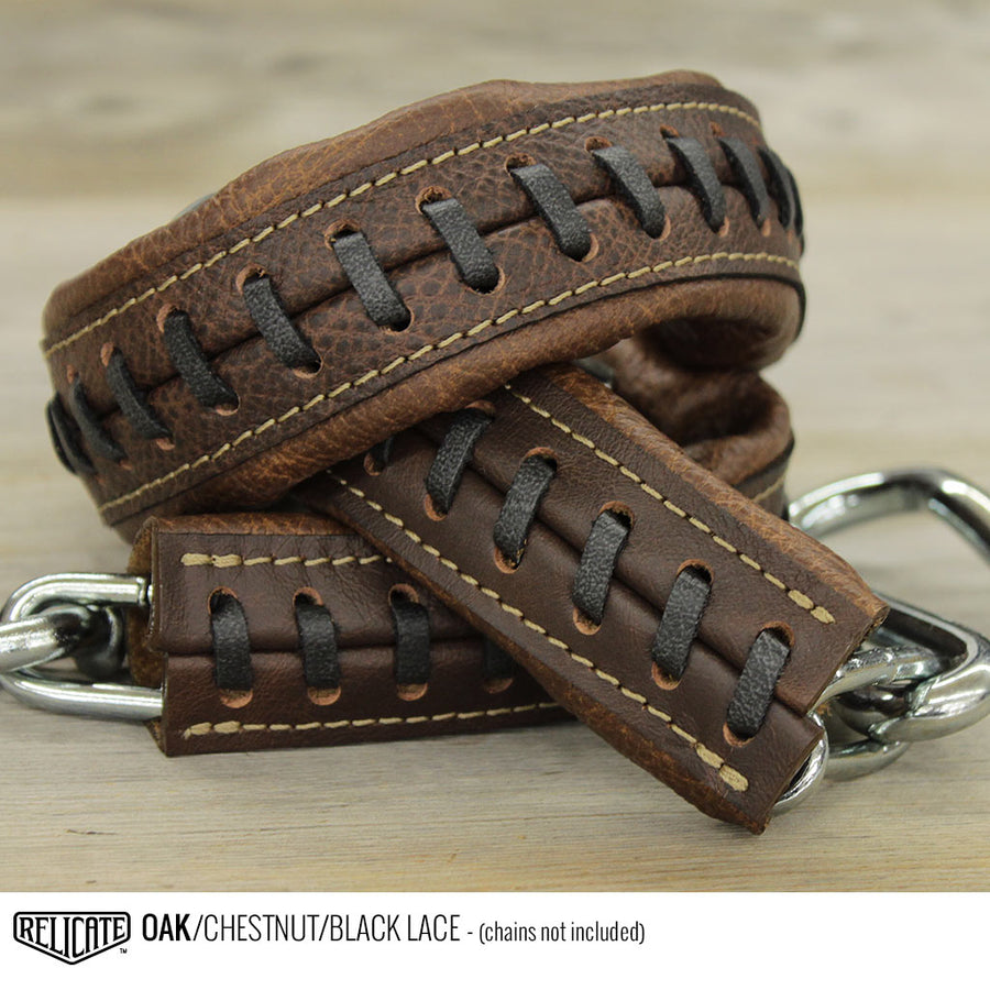 Leather Tailgate Chain Covers - Chevy/GMC '41-'53 Chevy/GMC / Oak/Chestnut w/Black Lace - Relicate Leather Automotive Interior Upholstery