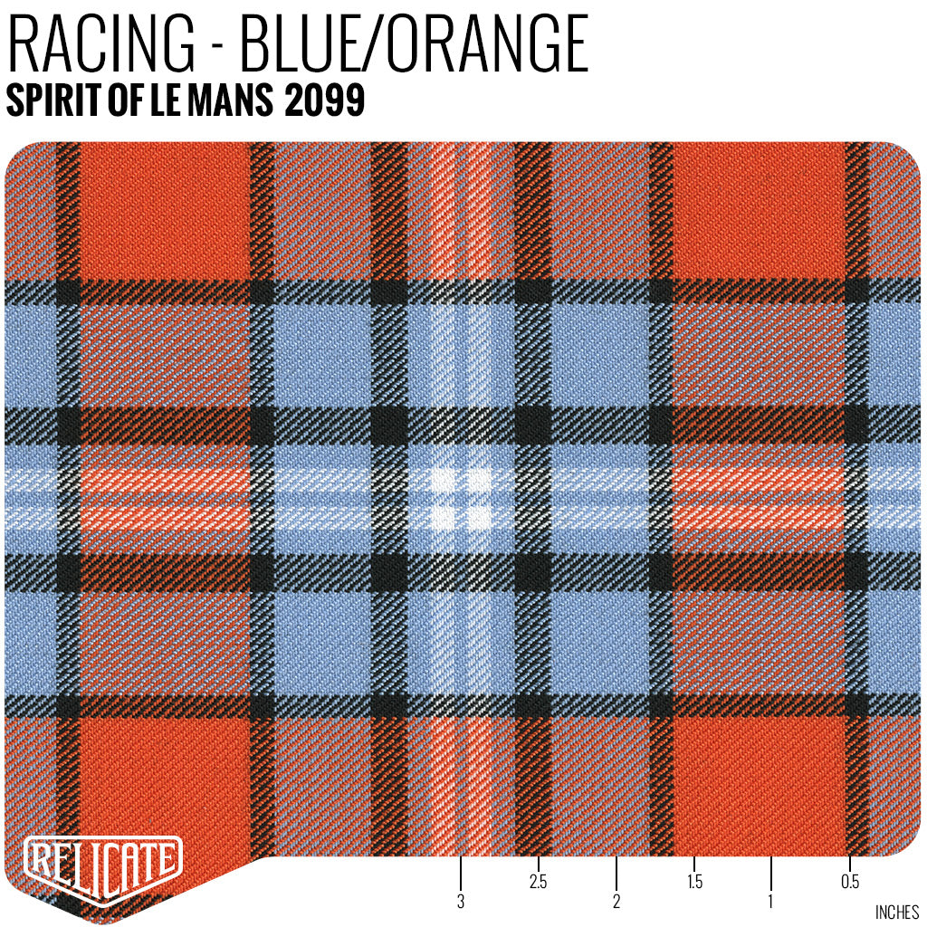 Spirit of Le Mans Plaid Fabric - Racing - Blue / Orange Yardage - Relicate Leather Automotive Interior Upholstery