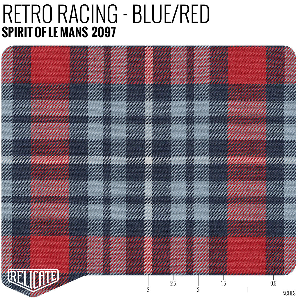 Spirit of Le Mans Plaid Fabric - Retro Racing - Blue / Red Yardage - Relicate Leather Automotive Interior Upholstery