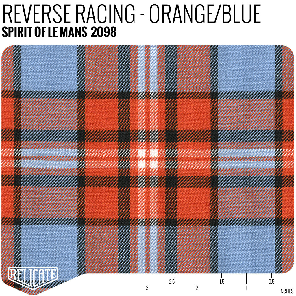 Spirit of Le Mans Plaid Fabric - Reverse Racing - Orange / Blue Yardage - Relicate Leather Automotive Interior Upholstery