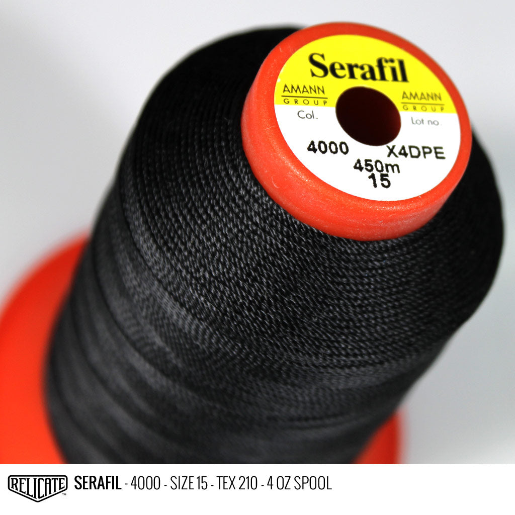 Amann Black Threads Serafil Color 4000 / SIZE 15 (TEX 210) - 4 OZ - Relicate Leather Automotive Interior Upholstery