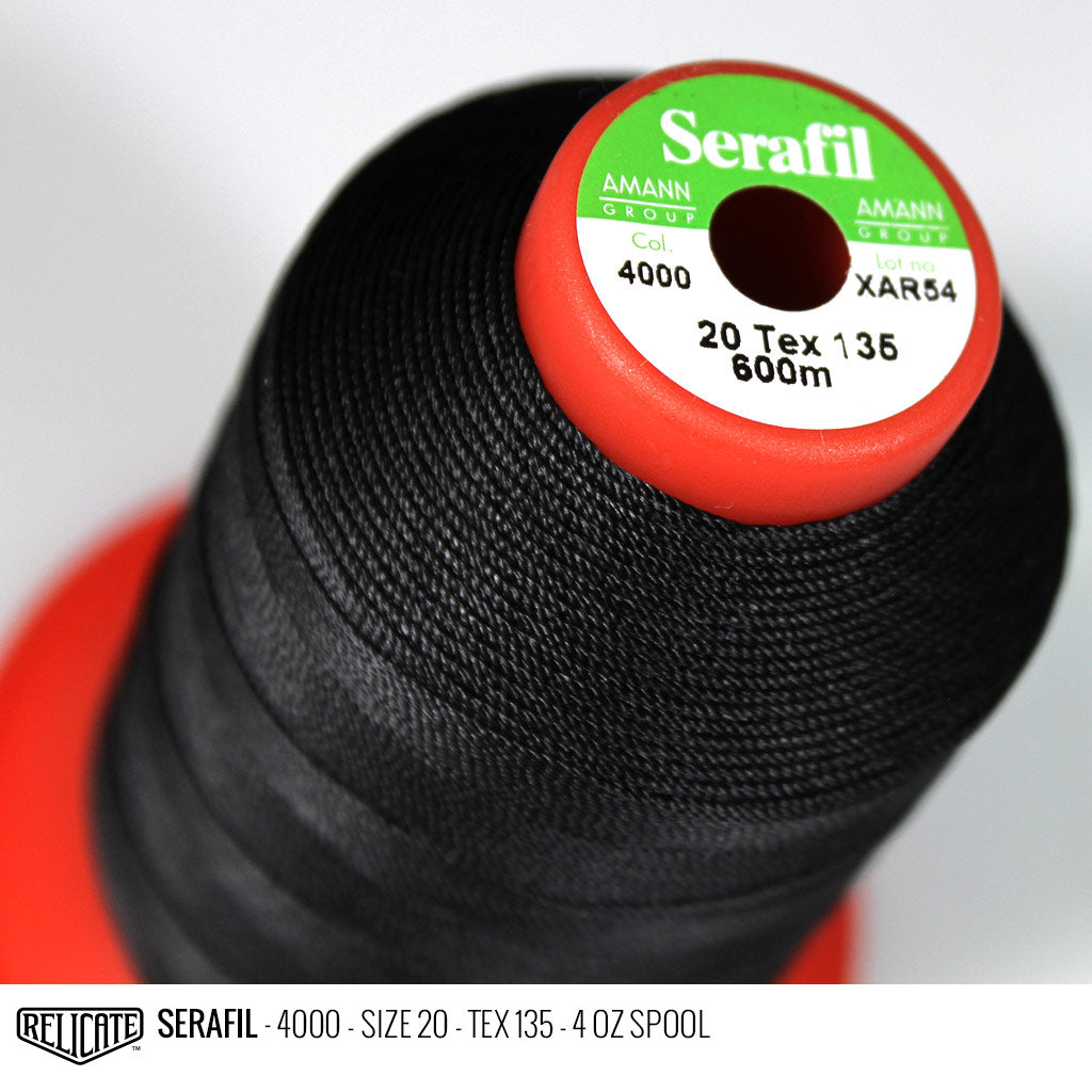 Amann Black Threads Serafil Color 4000 / SIZE 20 (TEX 135) - 4 OZ - Relicate Leather Automotive Interior Upholstery