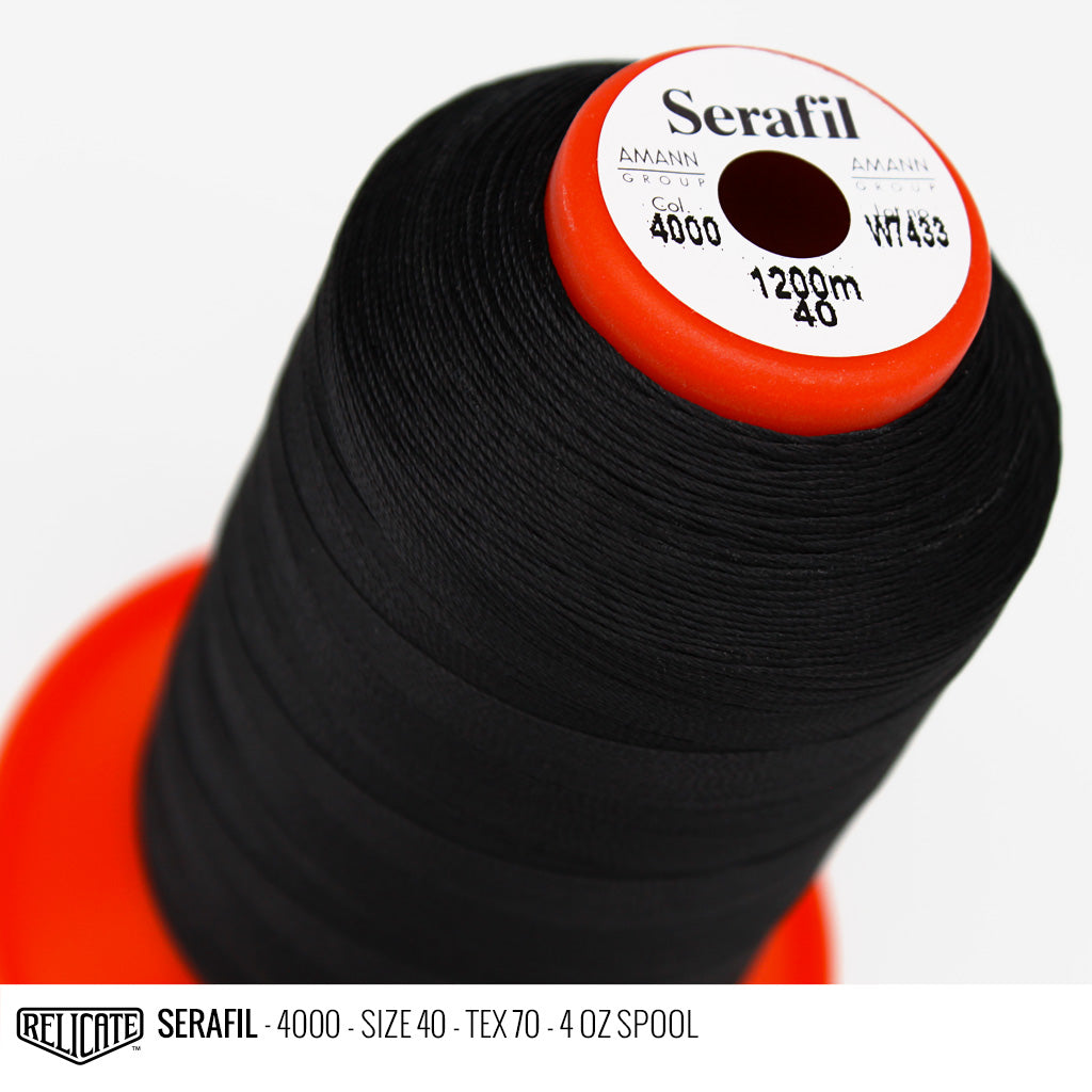Amann Black Threads Serafil Color 4000 / SIZE 40 (TEX 70) - 4 OZ - Relicate Leather Automotive Interior Upholstery