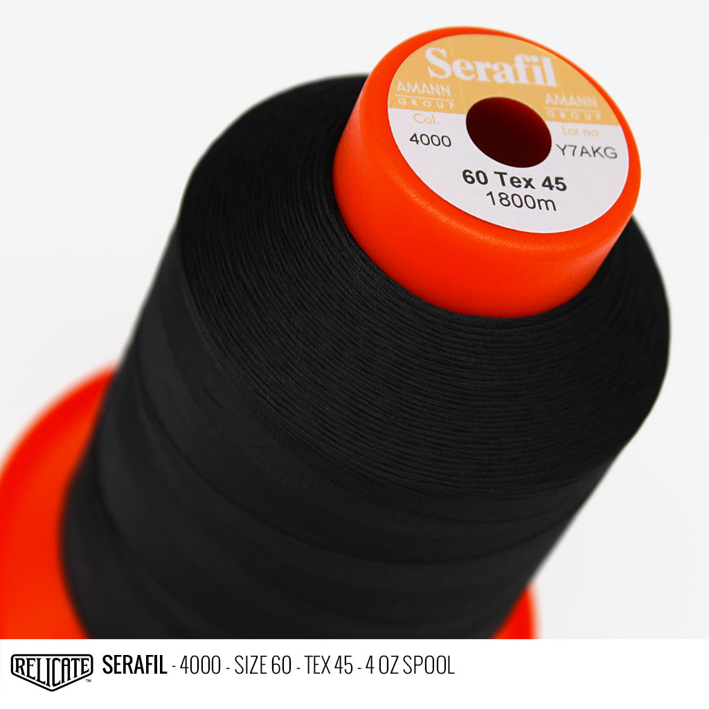 Amann Black Threads Serafil Color 4000 / SIZE 80 (TEX 30) - 4 OZ - Relicate Leather Automotive Interior Upholstery