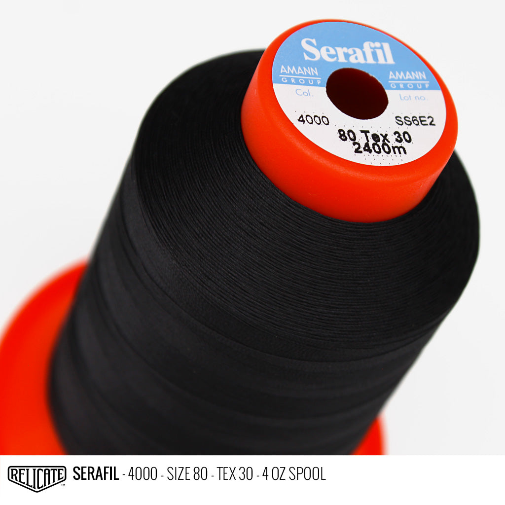 Amann Black Threads Serafil Color 4000 / SIZE 80 (TEX 30) - 4 OZ - Relicate Leather Automotive Interior Upholstery